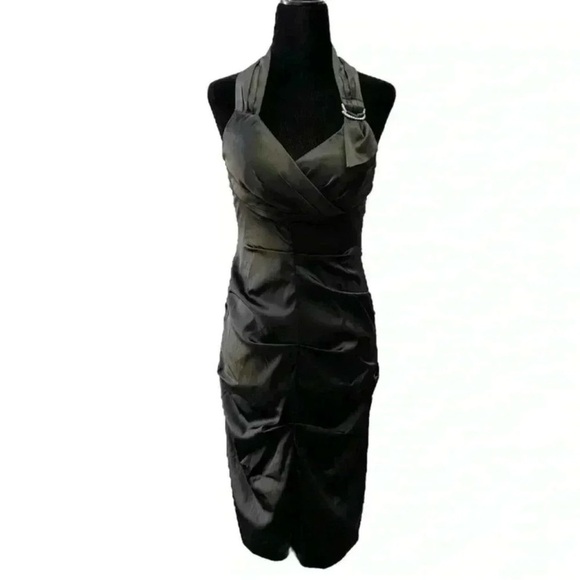 Le Chateau Cocktail Evening Dress Black Satin Halter Neck Bodycon Ruched Small - Picture 1 of 16